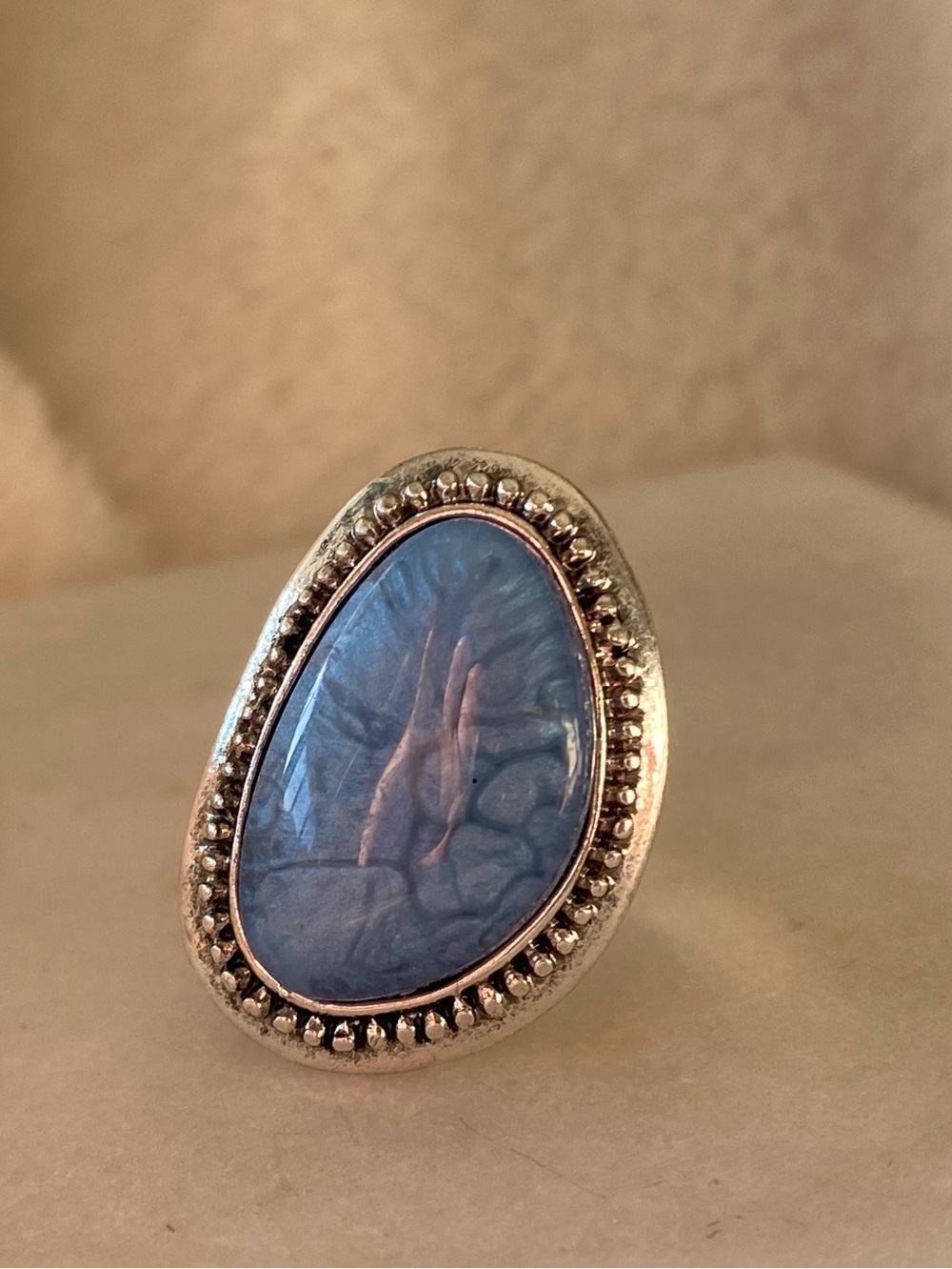 Silver coated blue Stone Oval Cocktail Ring one size adjustable